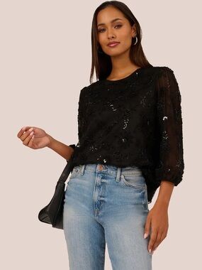 Adrianna Papell Black Beaded Floral Overlay Top